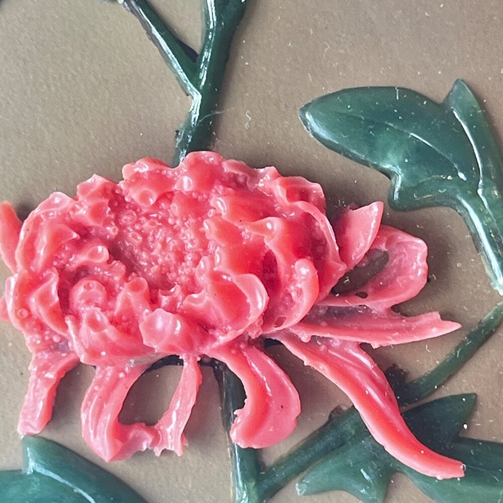 Chinese Carved faux Coral & Faux Jade Wall Art With Vase & Fish Design In Black - Picture 11 of 13